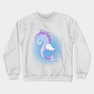 Sleepy purple seahorse on white and blue background. Design. Crewneck Sweatshirt